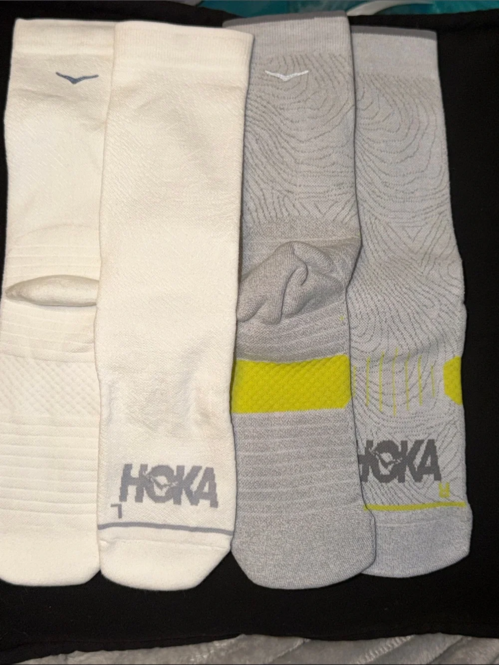 Hoka Unisex Crew Athletic Socks in White, Light Gray & Yellow Accents